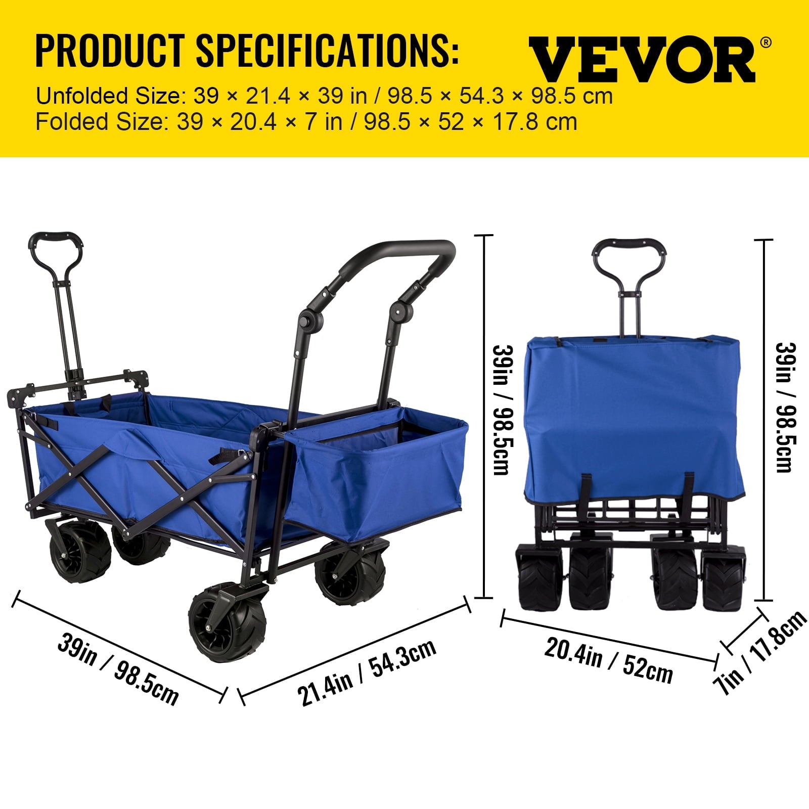 VEVORbrand Collapsible Wagon Cart Blue, Foldable Wagon Cart Removable Canopy 600D Oxford Cloth, Collapsible Wagon Oversized Wheels, Portable Folding Wagon Adjustable Handles, Beach, Garden, Sports