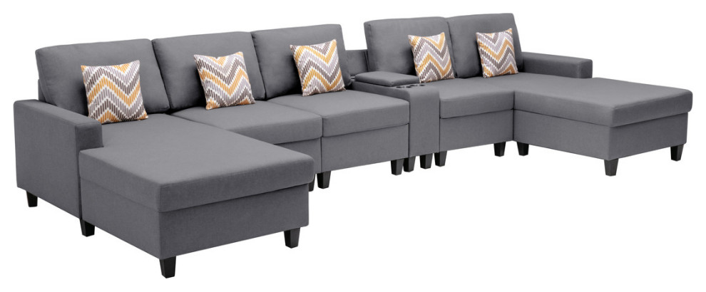 Nolan Fabric Double Chaise Sectional Charging Port Console 2 Type Leg   Contemporary   Sectional Sofas   by Lilola Home  Houzz