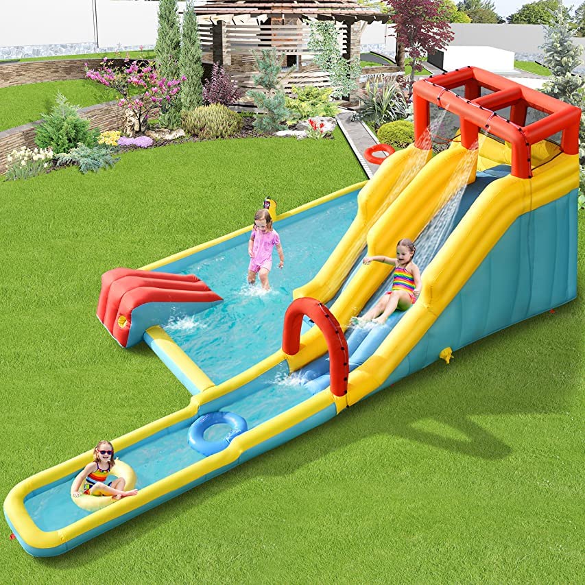 Costzon Inflatable Water Slide, 7 in 1 Giant Water Park Double Long Slide for Outdoor Fun w/735W Blower