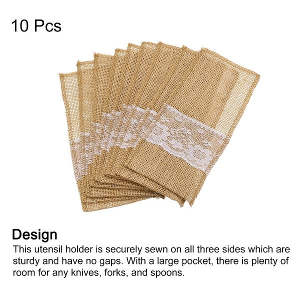 10Pcs Burlap Lace Utensil Holders Knife Fork Bag Cutlery Pouch for Wedding Decor - Light Brown