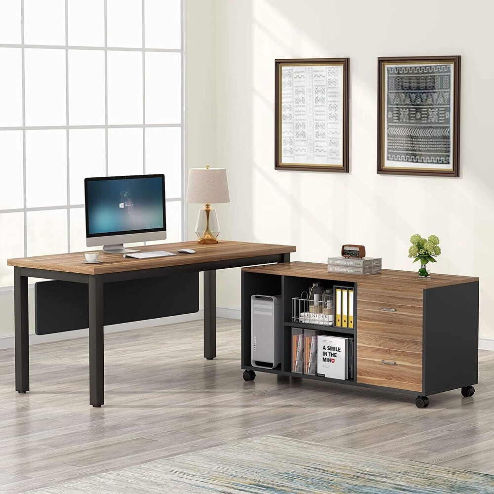 L Shaped Computer Desk  55 Inches Executive Desk with File Cabinet