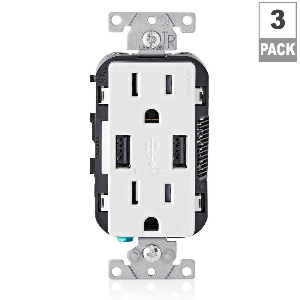 Leviton 15 Amp Decora Combination Tamper Resistant Duplex Outlet and USB Charger White (3-Pack) M02-T5632-3BW