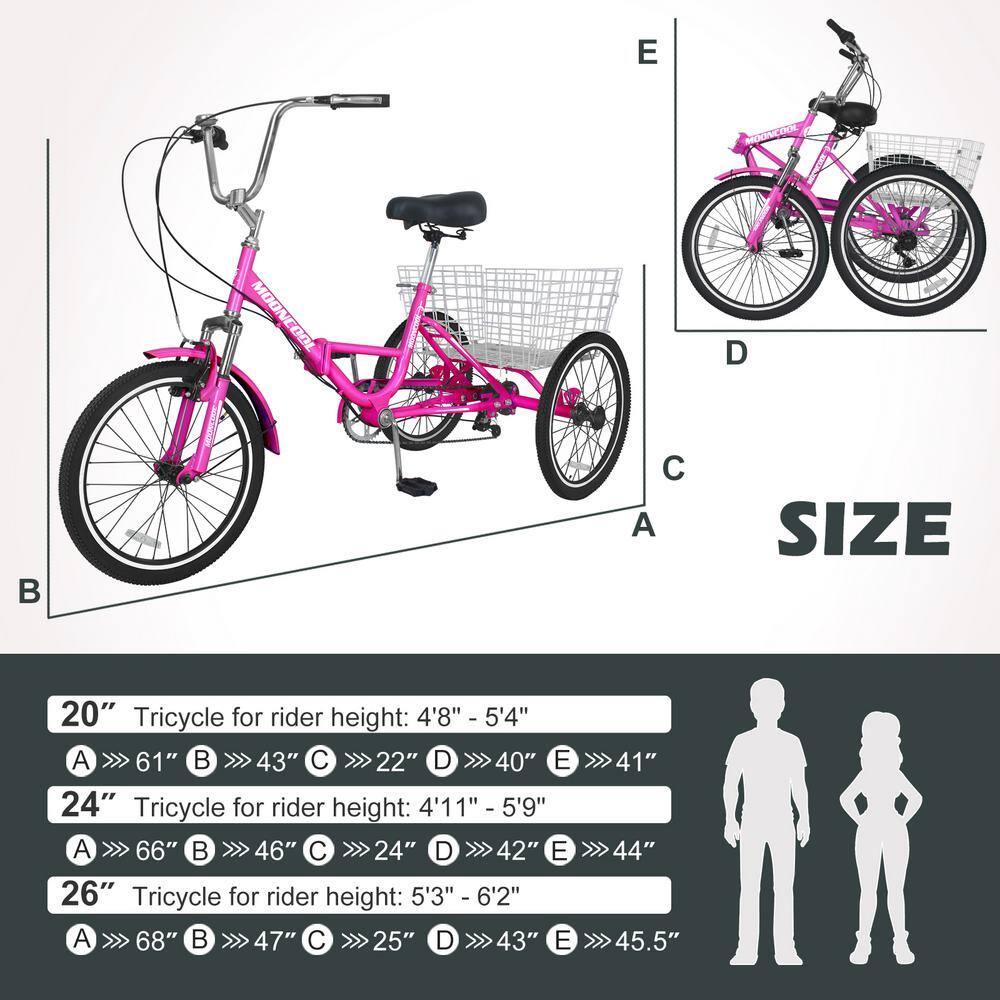 MOONCOOL Folded Adults Tricycle Trike Cruiser 3 Wheeled Bicycle with Large Basket Men Women Cruiser Bicycles M-P20ZD-MH