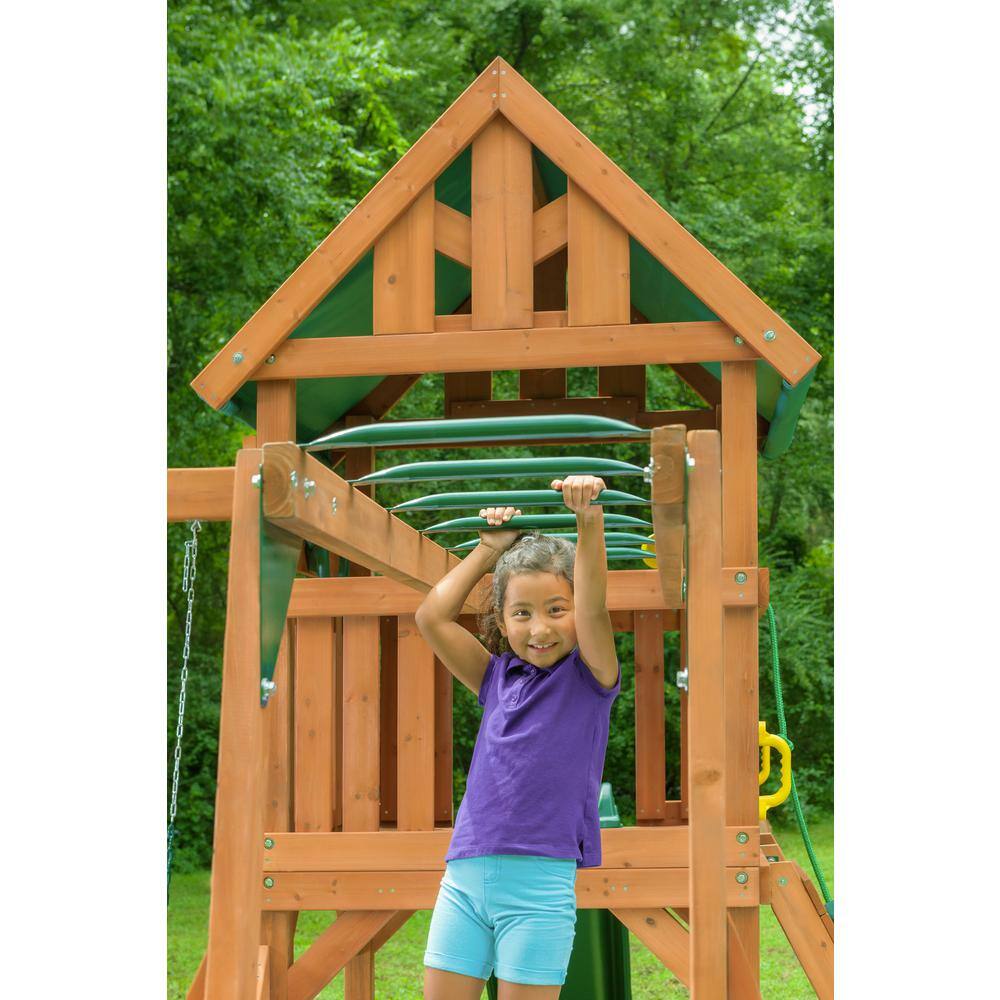 Creative Cedar Designs Mountain View Lodge Playset with Wooden Roof Monkey Bars and Multi-Color Swing Set Accessories and Green Slide 3431