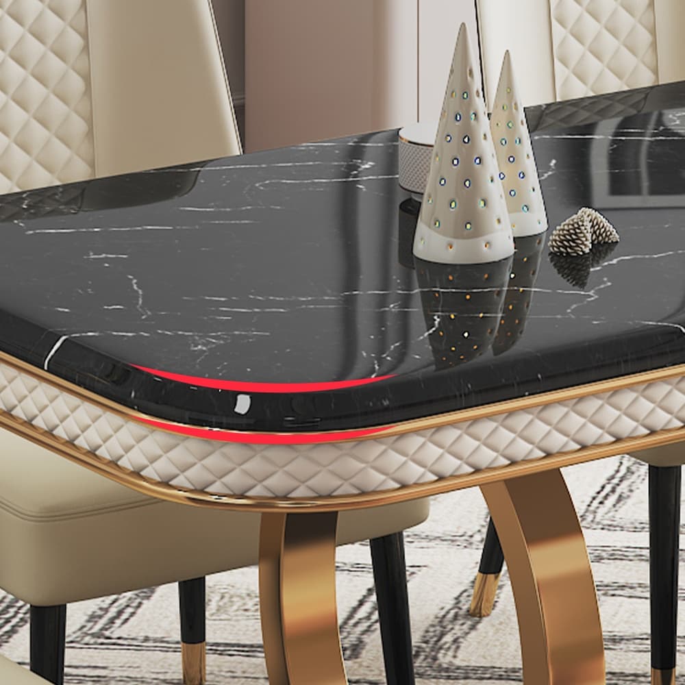 Modern Black Marble Dining Table for 6 10 with Rectangular Tabletop Dual Circle Base