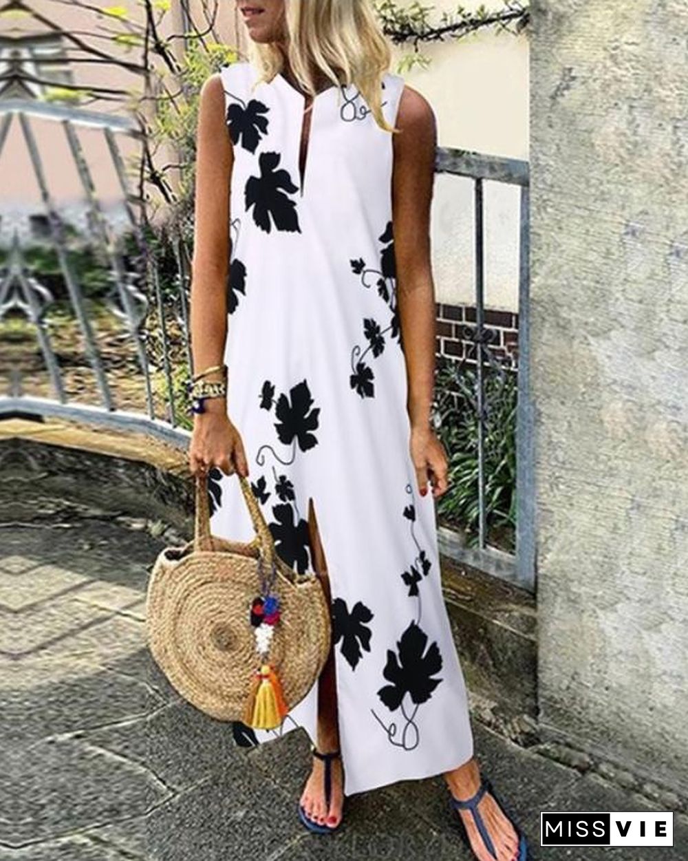 Casual Floral V-Neckline Maxi Vintage Dress