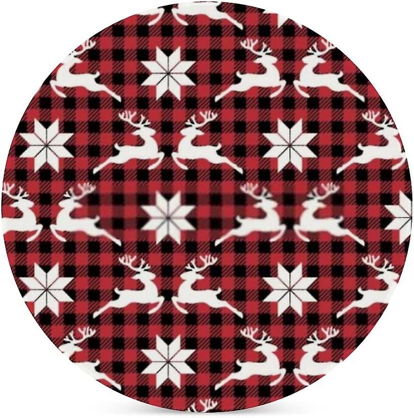 2pcs Round Christmas Deer Flower At Buffalo Plaid Ceramic Coasters With Cork-backed For Coffee Drink Cup Mat Absorbent Stone Coasters