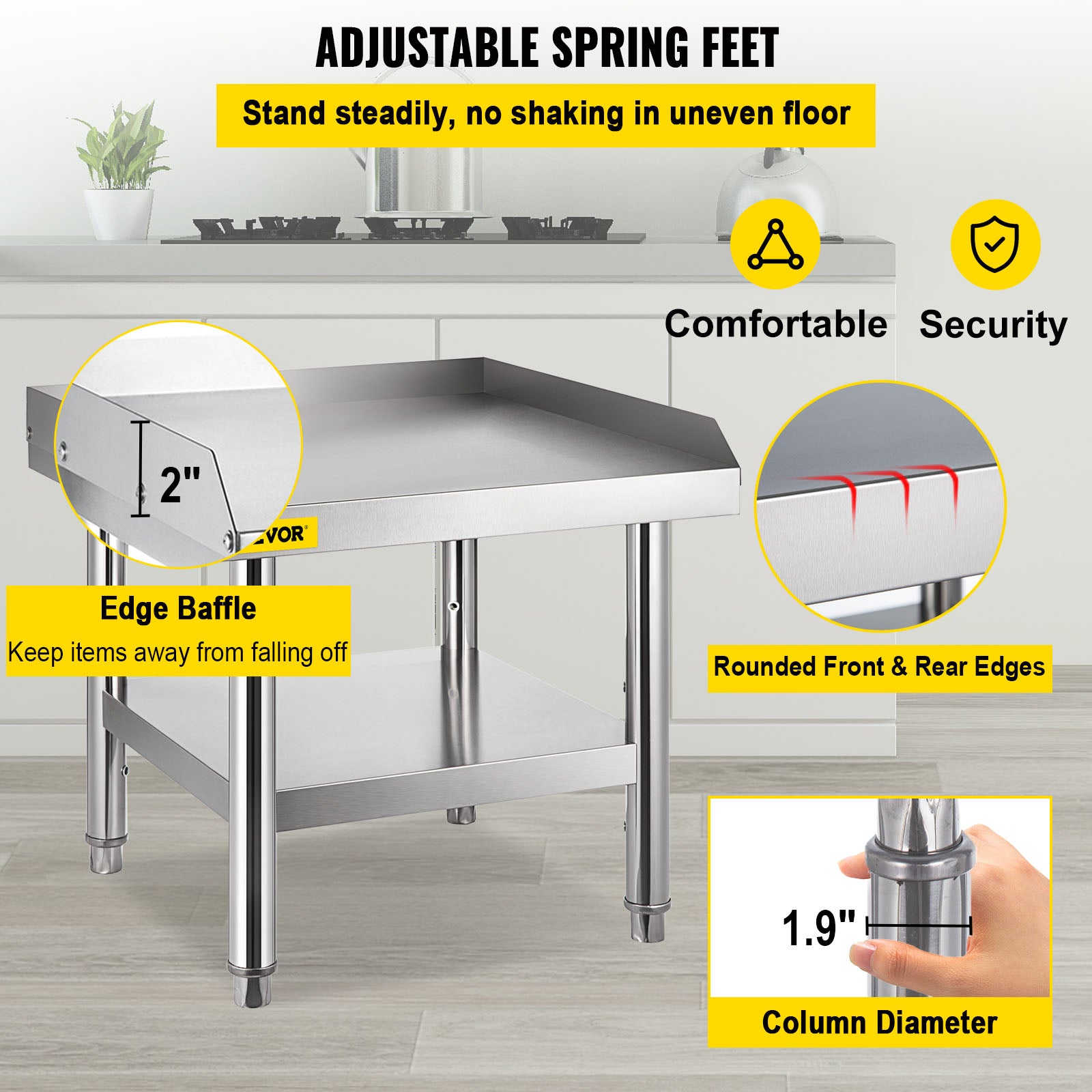 VEVOR Stainless Steel Table， 24 x 24 Inch， Heavy Duty Prep and Work Metal Workbench with Adjustable Storage Under Shelf and Table Feet， Commercial Equipment Stand for Hotel， Restaurant and Home Kitchen