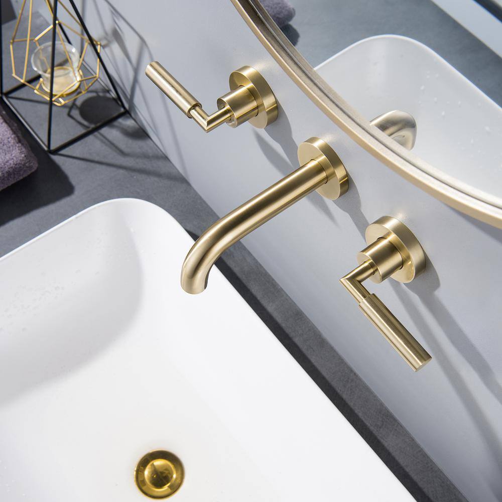 Flynama Wall-Mount Double-Handle Bathroom Faucet in Brushed Gold RB-QY-0736