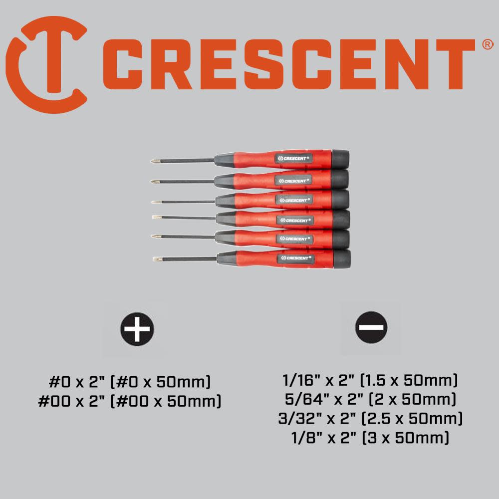 Crescent Screwdriver Set Phillips/Slotted Mini Precision Dual Material Diamond Tip 6pc