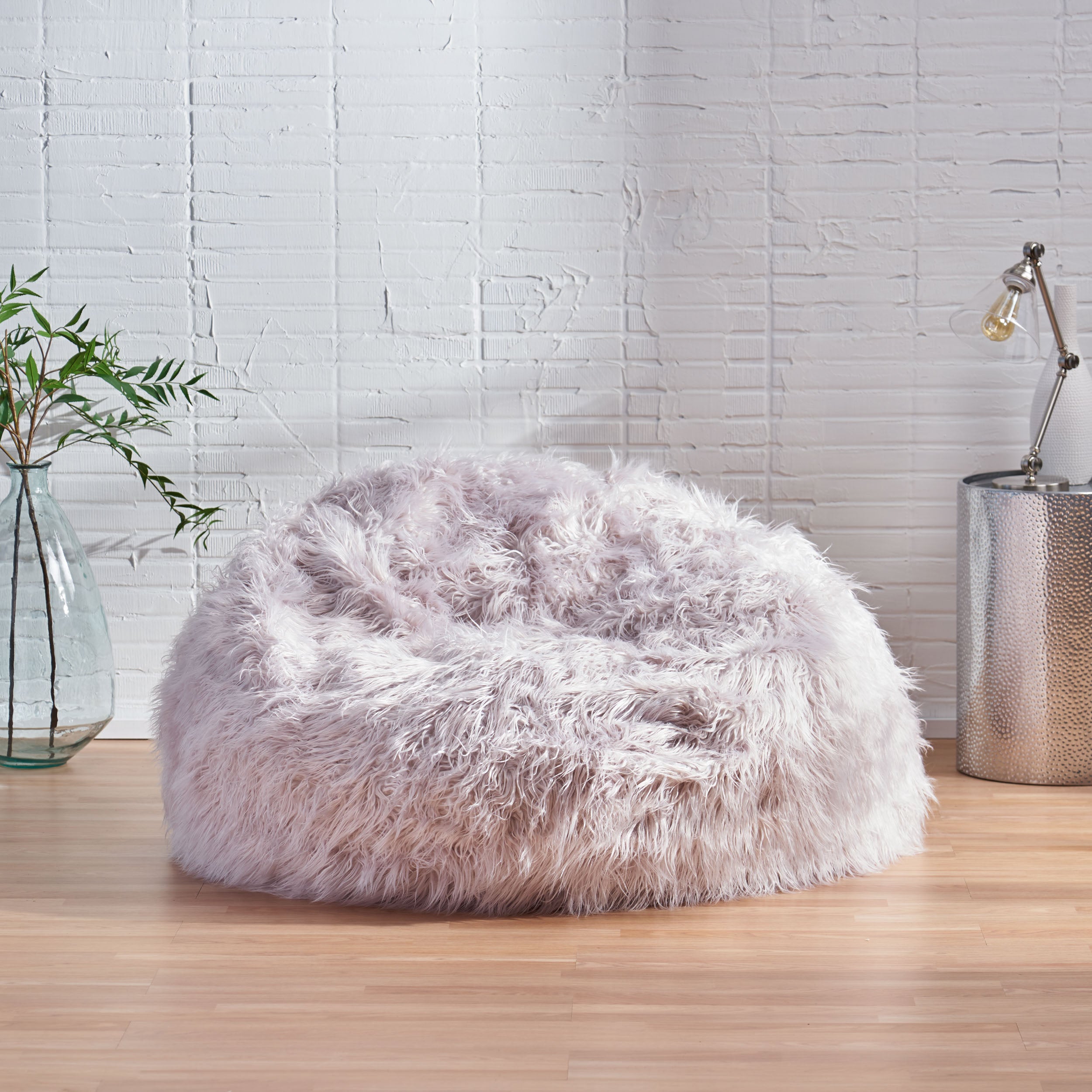 Noble House Rubani 5 ft Long Faux Fur Bean Bag Chair, Lavender