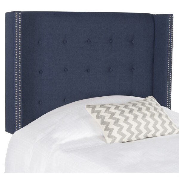 SAFAVIEH Keegan Navy Linen Upholstered Tufted Wingback Headboard (Full) - - 11551610