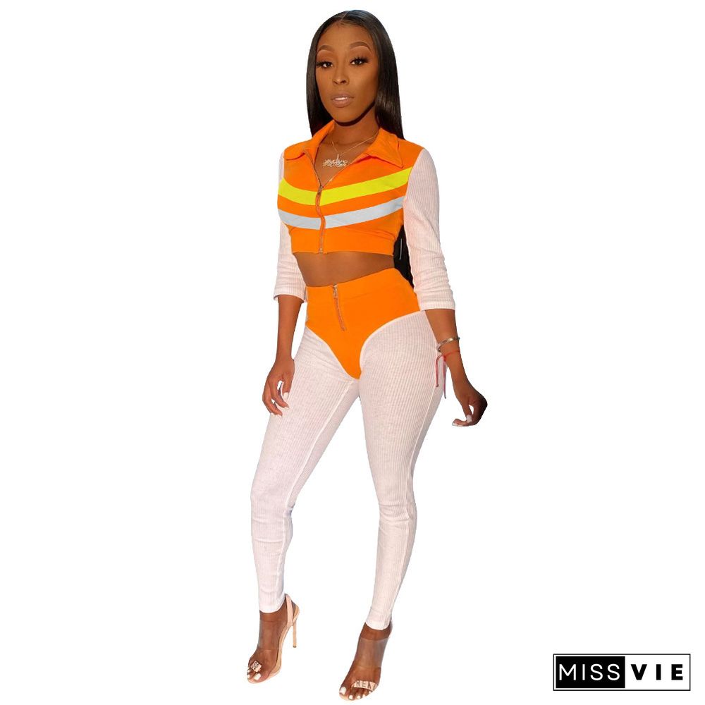 Color Block Zip Crop Top Two Piece Pants Set