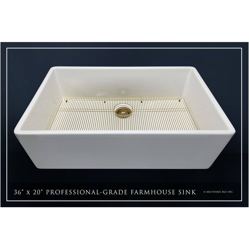 Fossil Blu Luxury White Solid Fireclay 36 in. Single Bowl Farmhouse Apron Kitchen Sink with Matte Gold Accs and Flat Front WHS1008BB