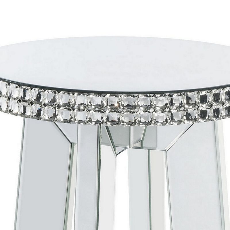 Round Mirror Panel Inlay End Table with Faux Crystals Accents， Silver