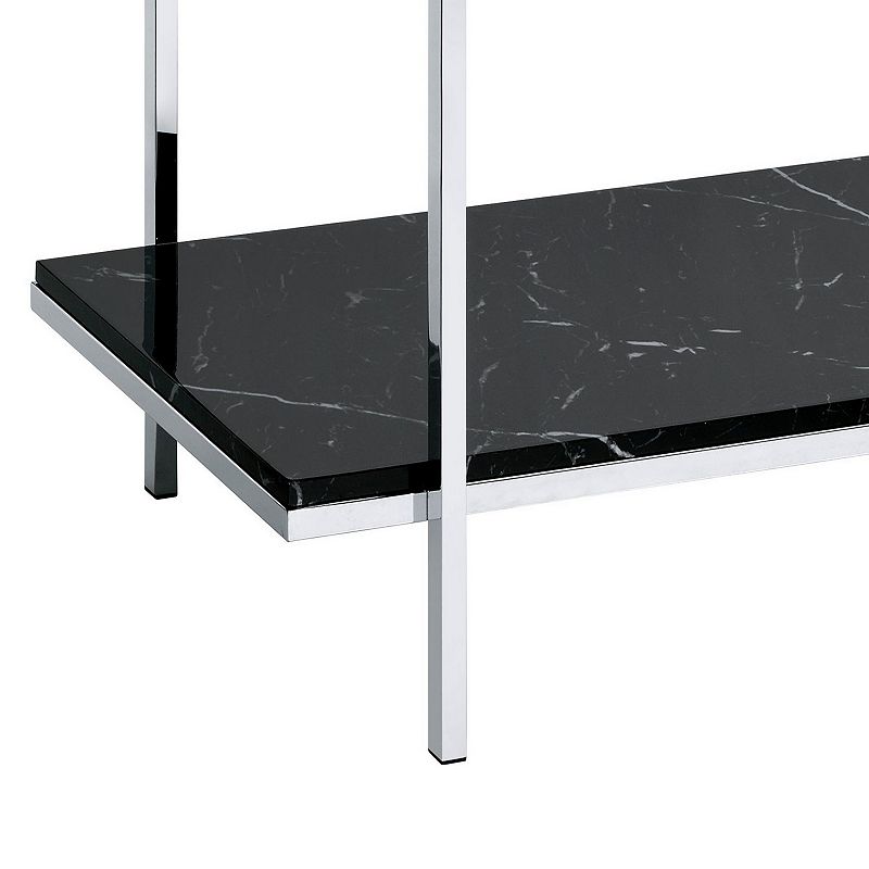 Console Table with Mirror Top and Faux Marble Open Bottom Shelf， Silver