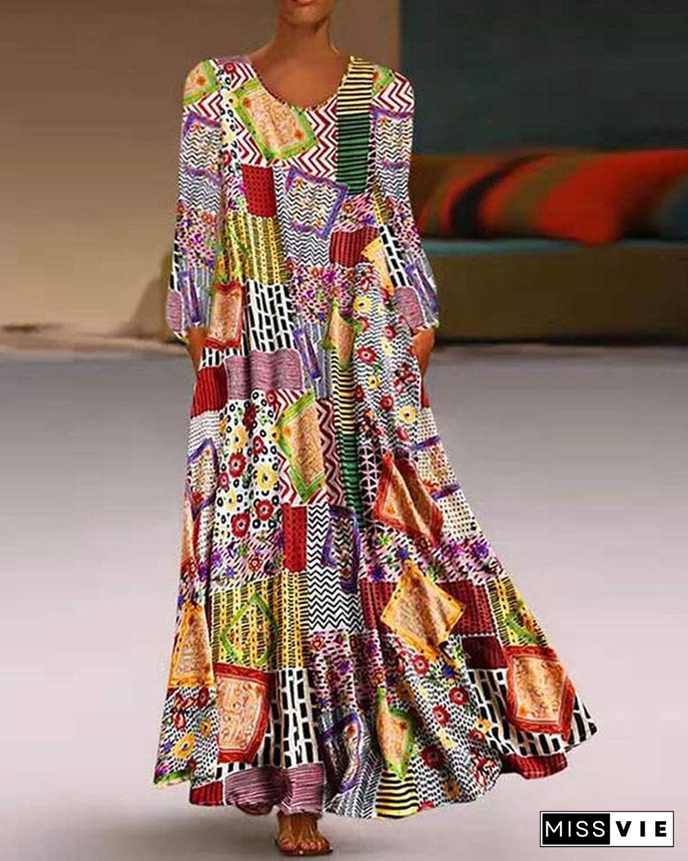 Plus Size Dress Boho Printed A-Line Maxi Dresses