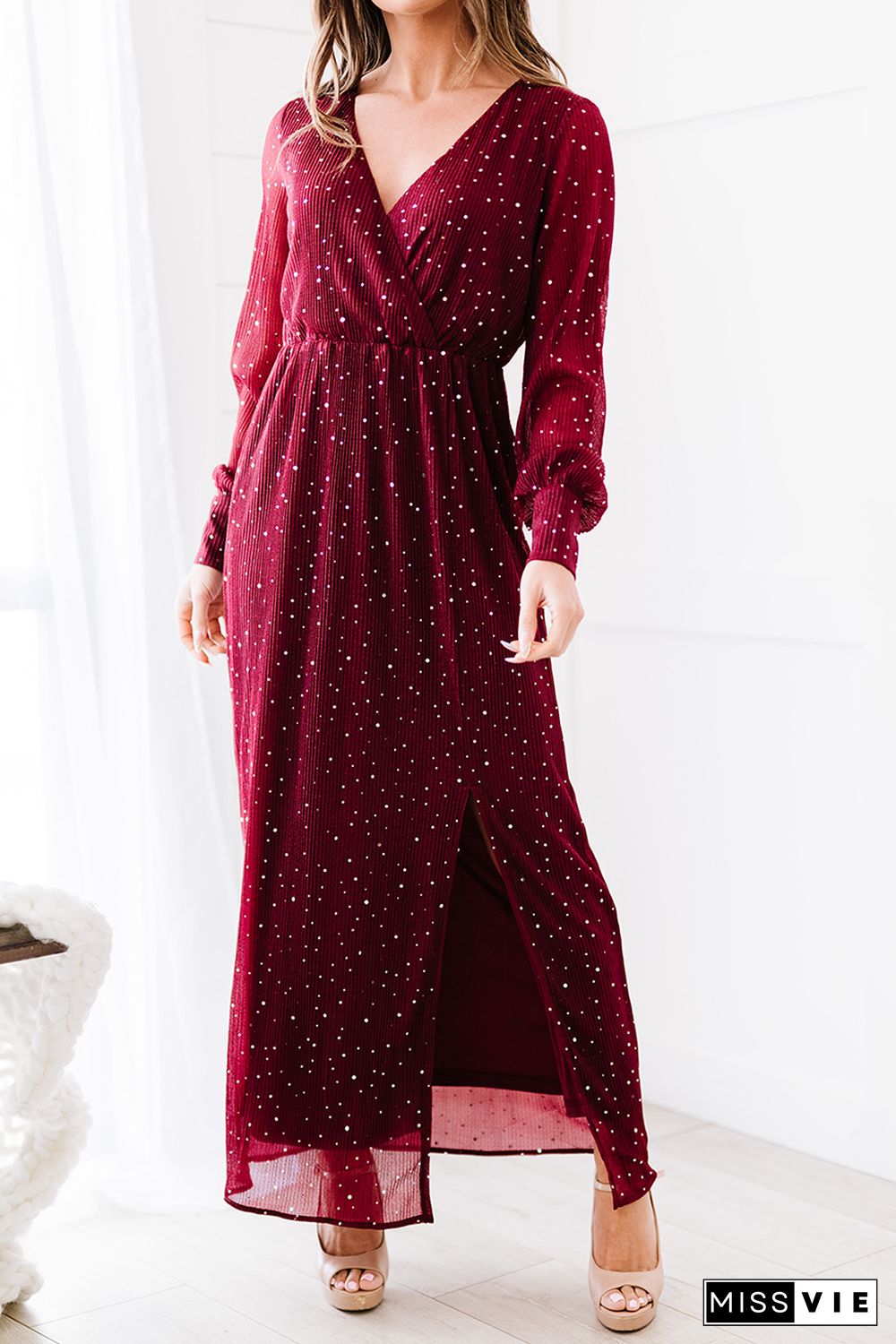 Wine Red Side Split Rhinestone V Neck Maxi Dress