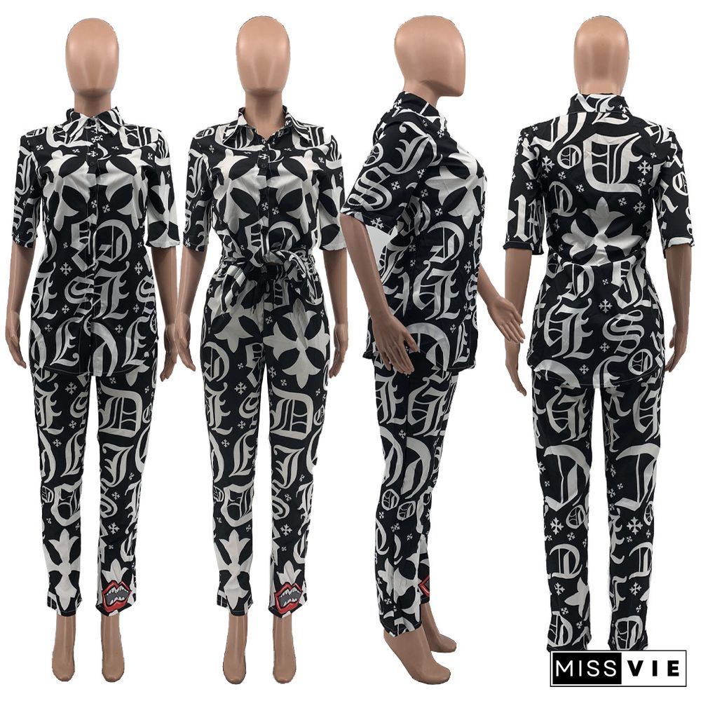 Women's Printing Short Sleeve Shirt Straight Pants Two-piece Set