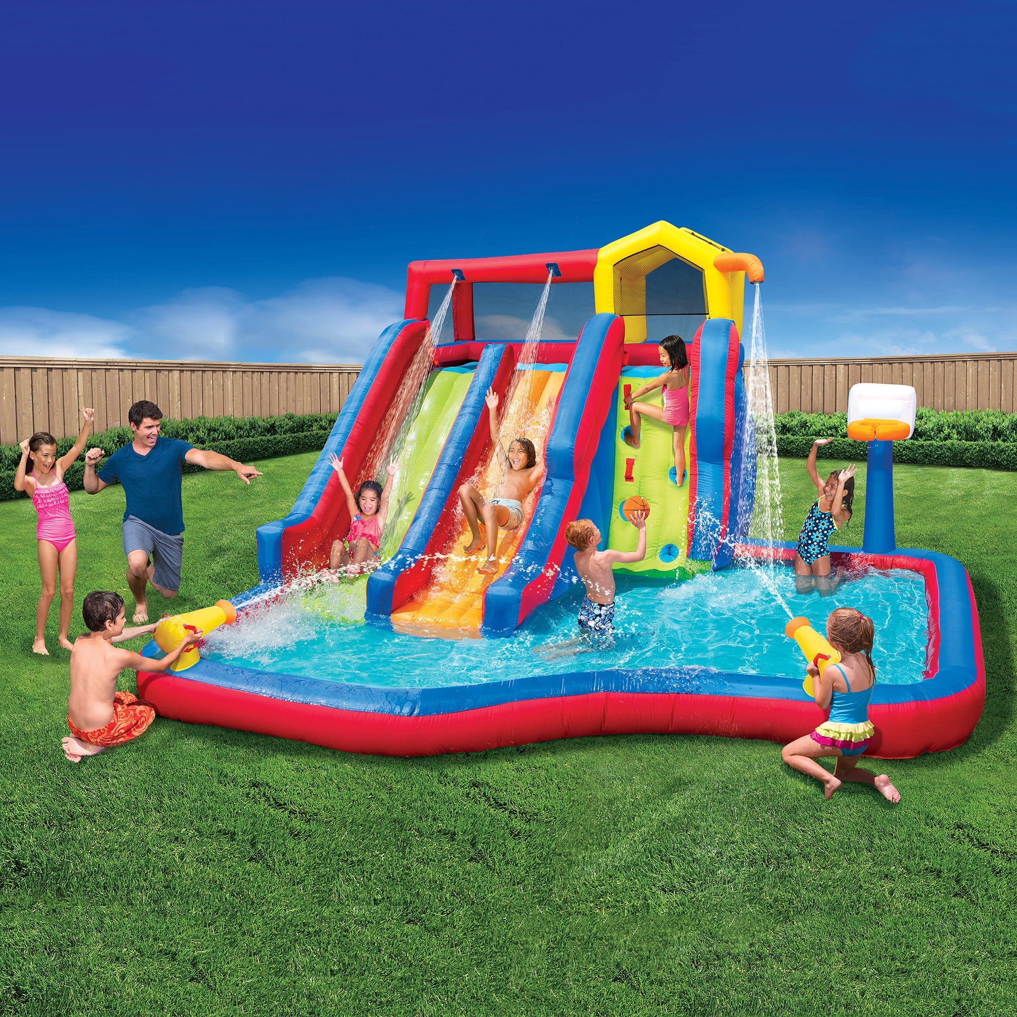 Banzai Twin Falls Kids Giant Colorful Outside Inflatable Water Park Bounce House