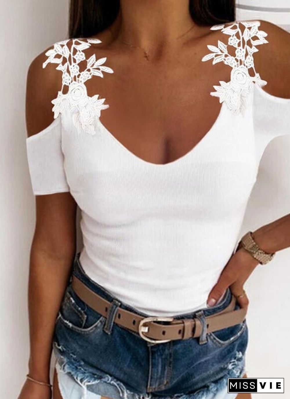 Women Fashion Plus Size Solid Color Lace Cold Shoulder Tops Casual Slim Fit Short Sleeves Shirt Deep V Neck Summer Tops