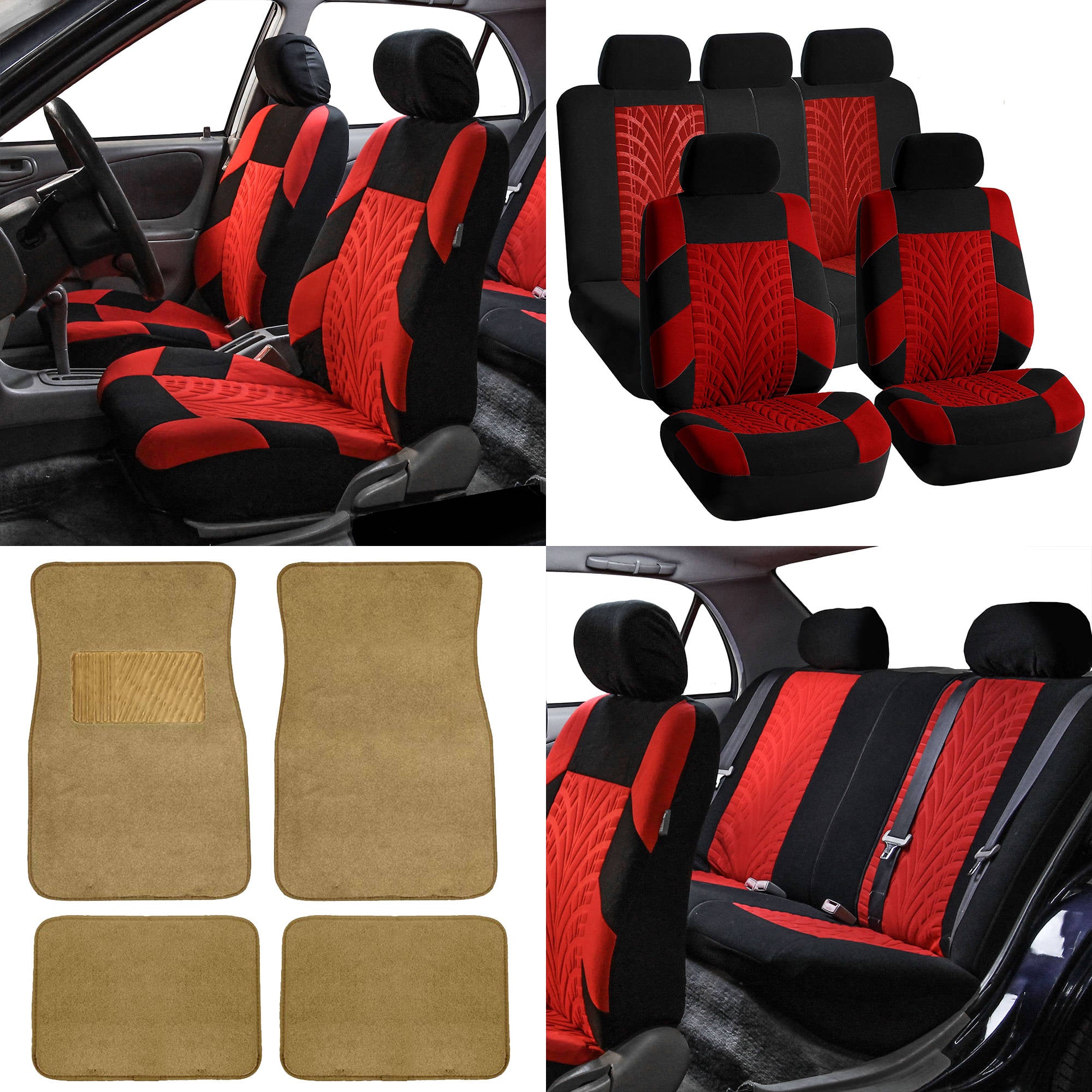 FH Group FH Travel Master Car Seat Covers for Auto Complete Seat Covers Set with Beige Premium Carpet Floor Mats Red Black