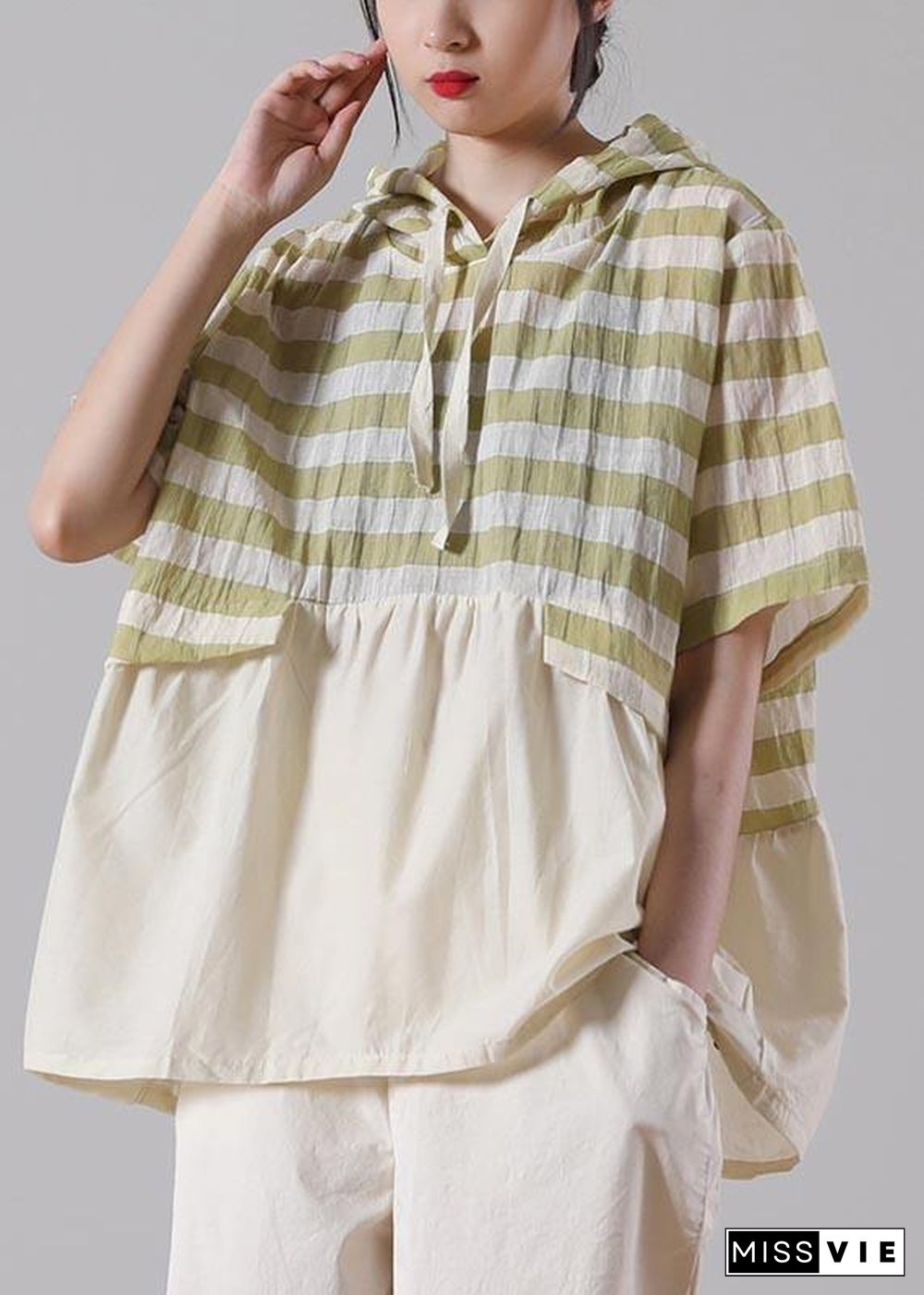 Chic Green Striped Oversize Cotton Linen Summer Shirt