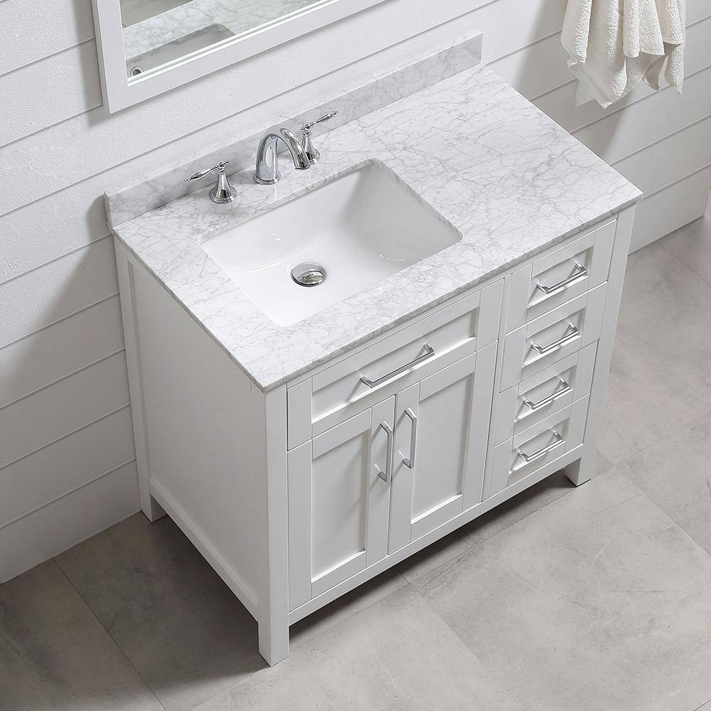 Home Decorators Collection Riverdale 36 in. W x 21 in. D Vanity in White with a Carrara Marble Vanity Top in White with white Sink Riverdale 36W