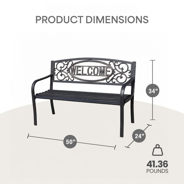 Four Seasons Courtyard Welcome Outdoor Patio Park Bench Durable Powder Coated Steel Framed Garden Or Walking Path Seat With 500 Pound Capacity Black