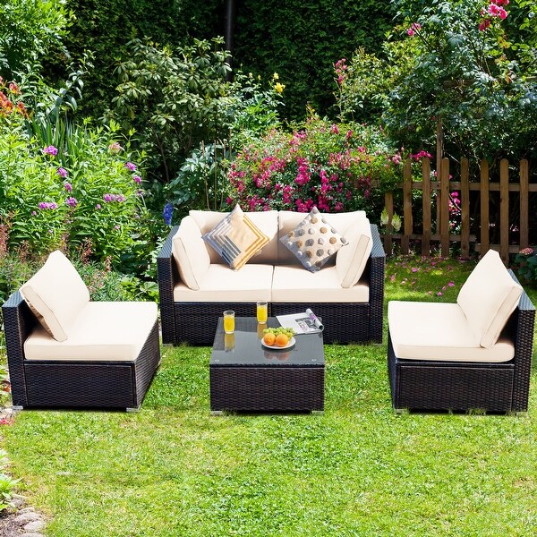 Gymax 5PCS Rattan Patio Conversation Set Sofa Furniture Set w/ White