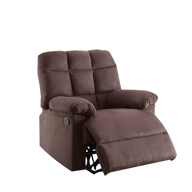 Plush Cushioned Recliner With Tufted Back And Roll Arms In Brown