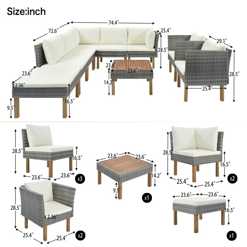 Outdoor 9 Piece Garden Patio Furniture Set PE Rattan Wicker Sofa Sets with Acacia Wood Tabletop  Armrest Chairs with Cushions