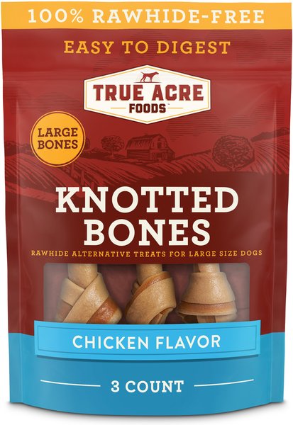 True Acre Foods Rawhide-Free Knotted Bones Chicken Flavor Treats， Large， 3 count