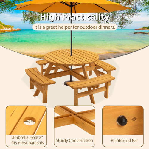 8 Person Wooden Picnic Table， Outdoor Camping Dining Table with Seat， DIY W/4 Built-in Benches， 2220lb Capacity - Natural