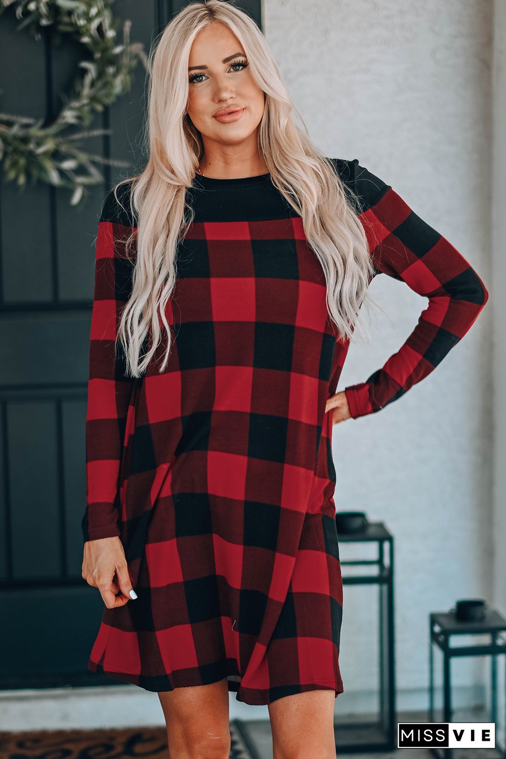 Buffalo Plaid Splicing Long Sleeve Mini Dress