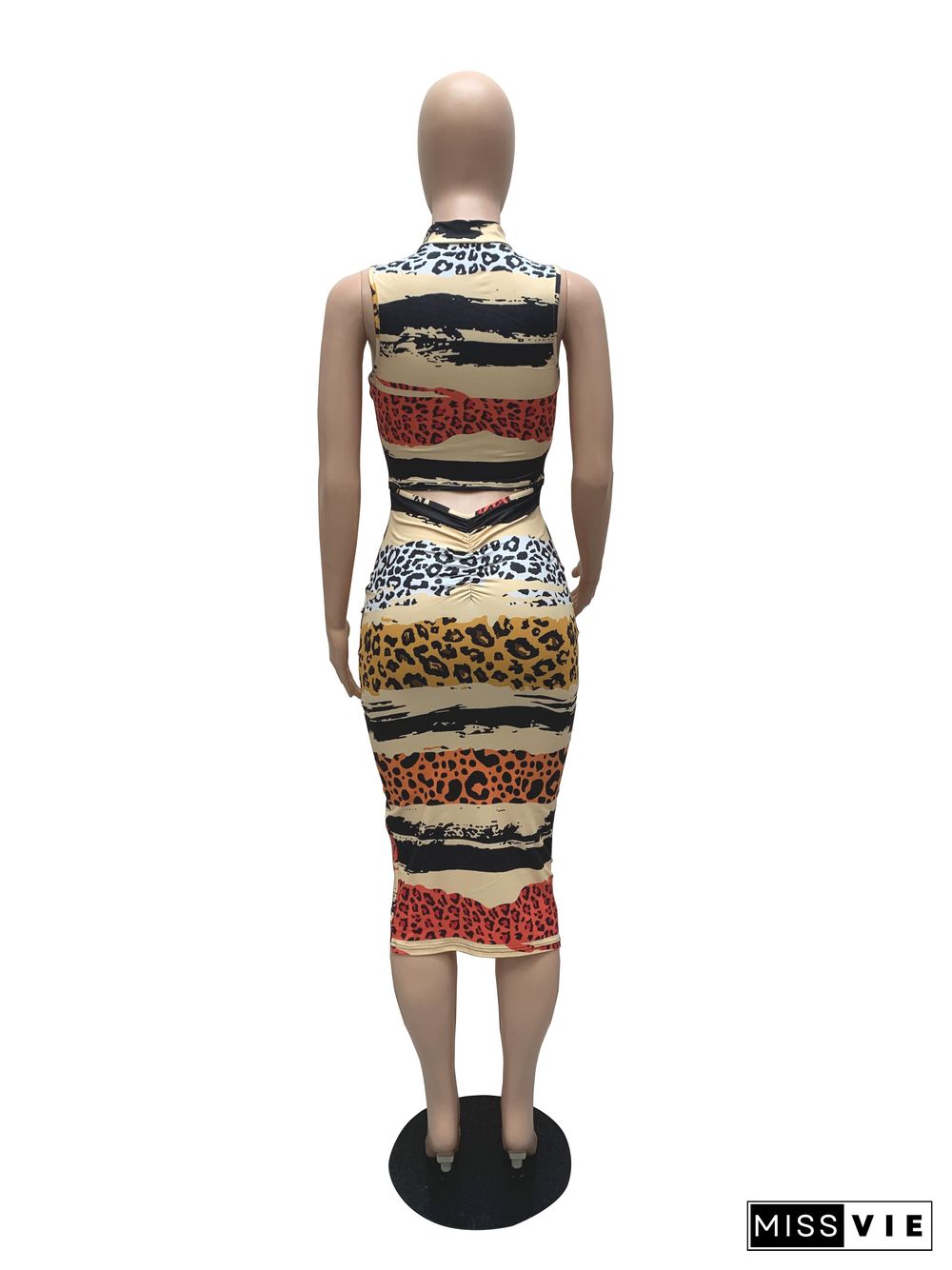 Sleeveless Leopard Print O-Neck Bodycon Pencil Dress