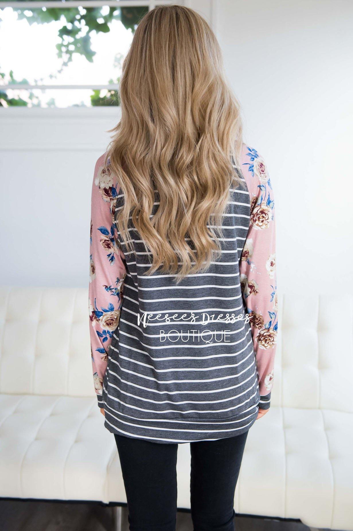 Floral Sleeve & Striped Top