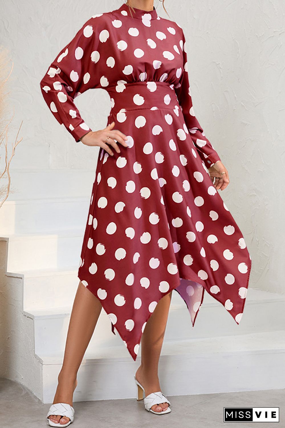 Long Sleeve High Waist Polka Dot Dress