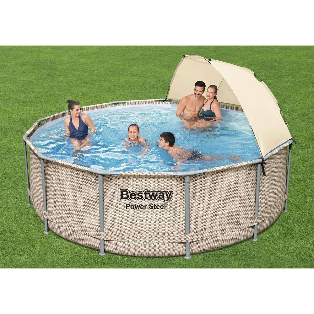 Bestway 5614UE-BW 13 ft. x 13 ft. Round 42 in. Deep Metal Frame Above Ground Outdoor Swimming Pool Set with Canopy