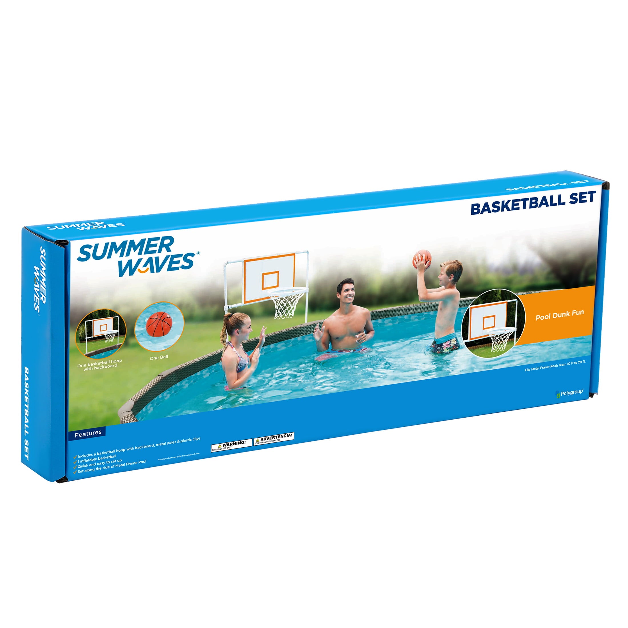 Summer Waves Basketball Set with Basketball Hoop Backboard and Rim， for Frame Pools， White， Inflatable Basketball included， for Adults， Unisex