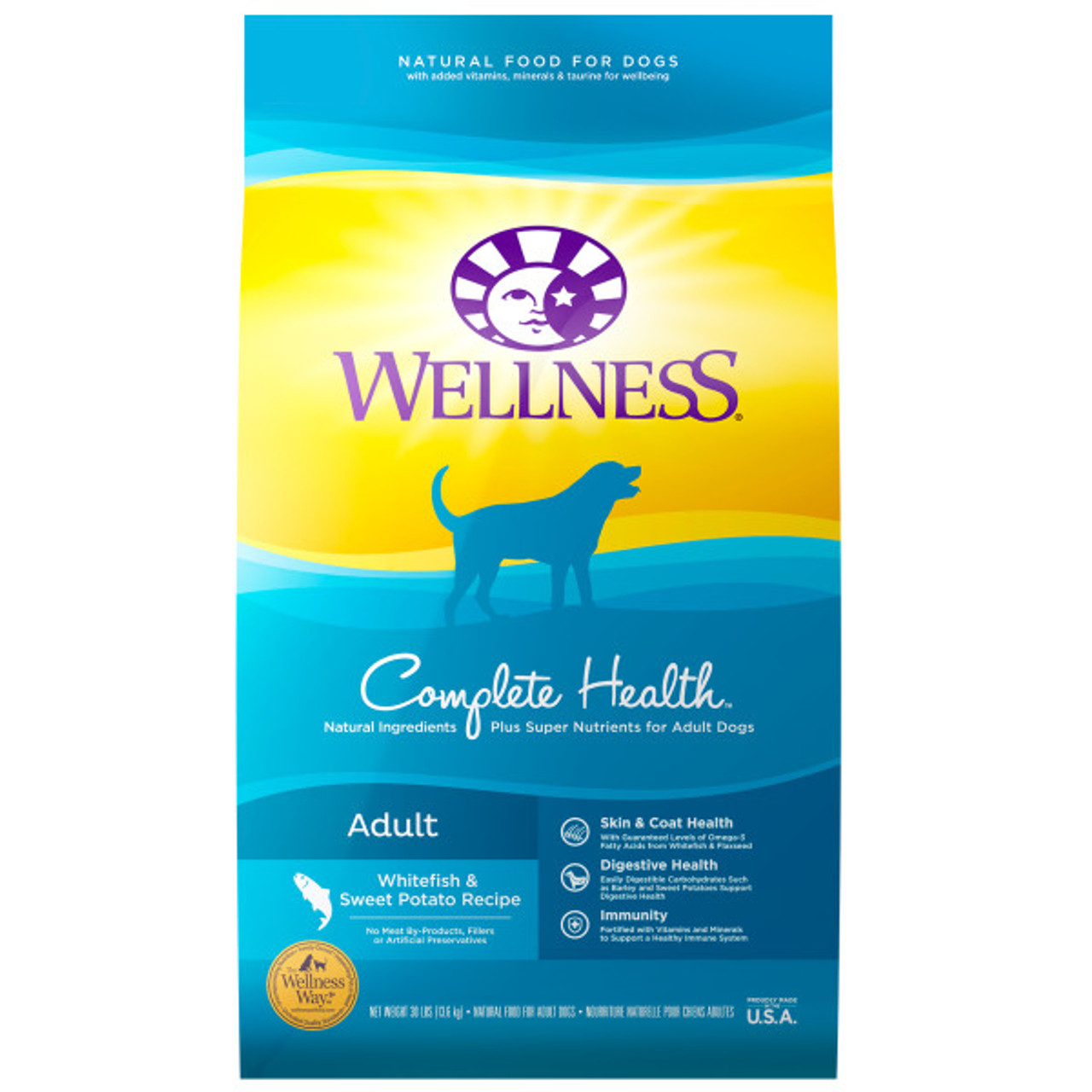 Wellness Complete Health Whitefish and Sweet Potato Dog Food， 30 Lb. Bag