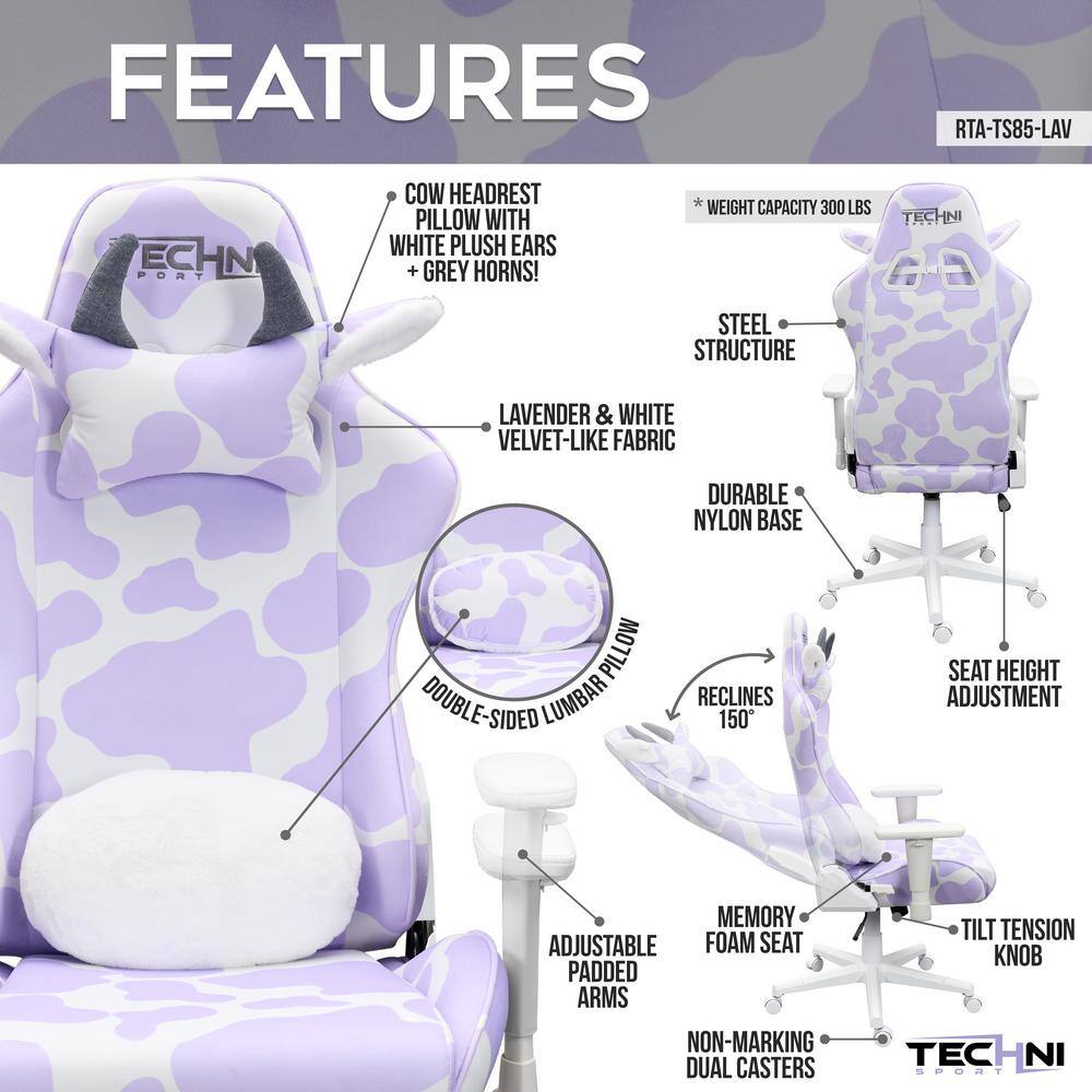 Techni Sport Cow Series TS85 Lavender Gaming Chair with Adjustable Arms RTA-TS85-LAV