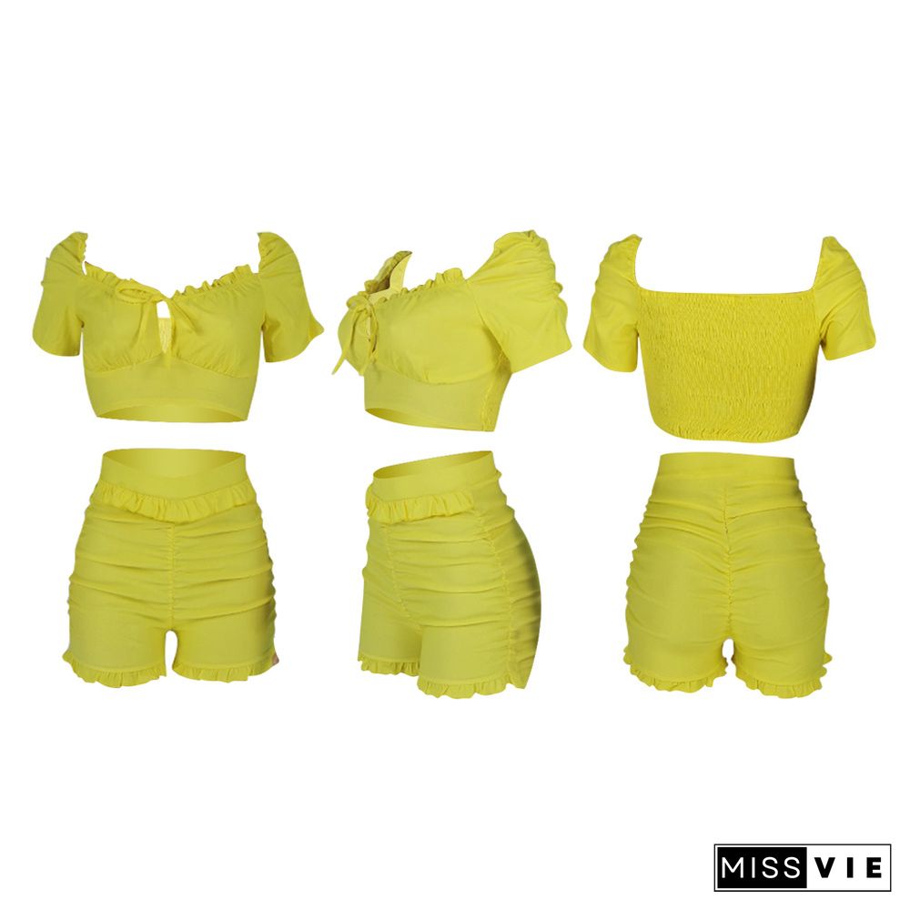 Solid Color Pleat Ruched Short Sleeve Crop Top Ruffles Shorts Women Summer Clothes Two Piece Set