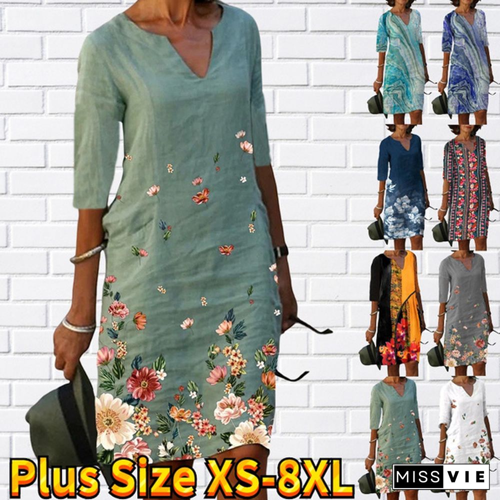 Spring Summer Autumn Women's Female Casual Loose V-Neck Flower Floral Print Mid-Sleeve Half Sleeve Dresses A-Line Dress Skirt Mini Dress Retro 3D Print Five-Point Vintage Sleeve Dress Plus Size Xs-8Xl