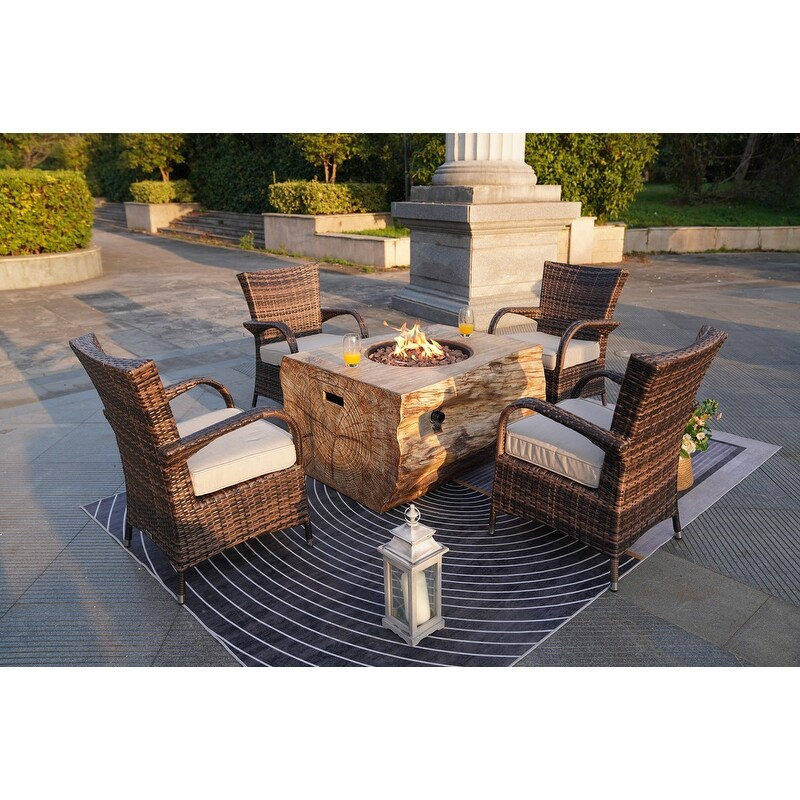 Patio Wood Coating Propane Fire Pit Table with Four Chairs