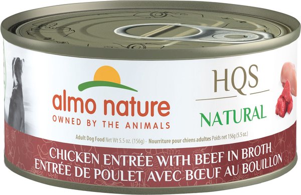 Almo Nature HQS Natural Chicken Entree with Beef in Broth Wet Dog Food， 5.5-oz can， case of 12