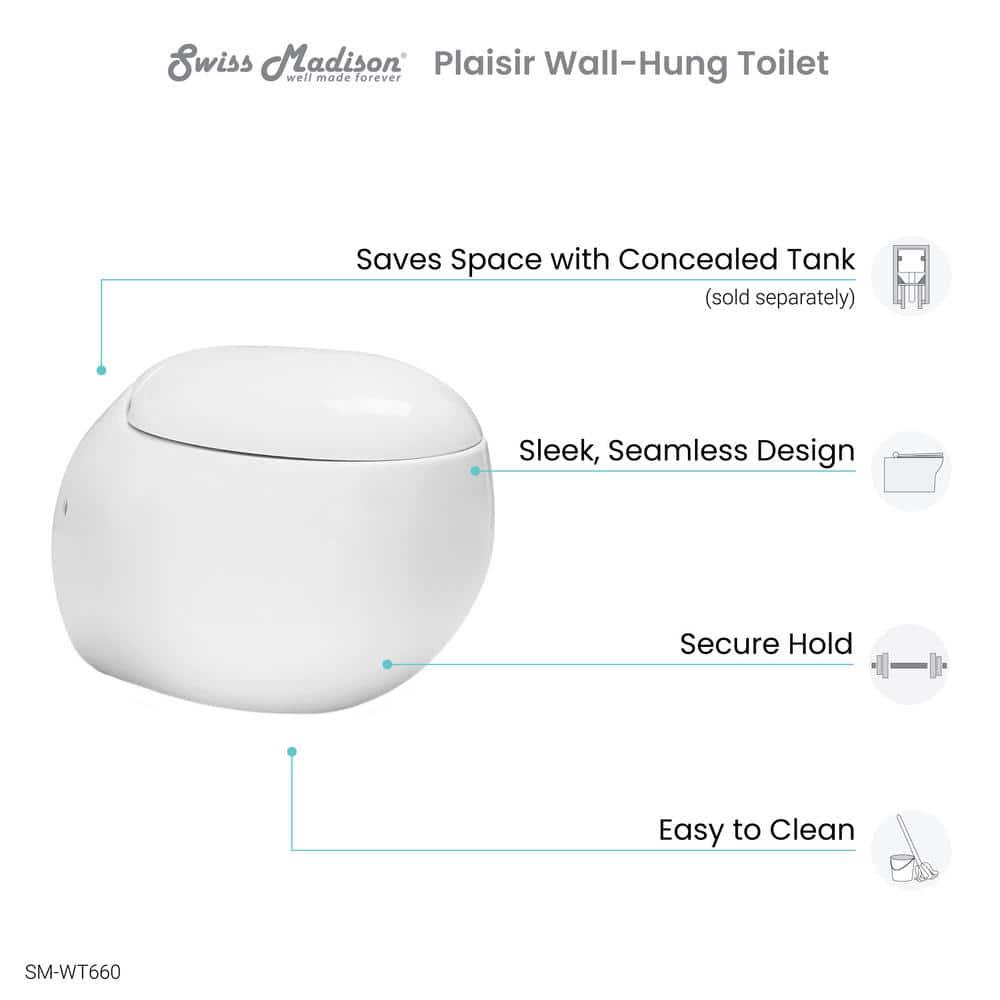 Swiss Madison 08128 GPF Plaisir Wall Hung Dual Flush Elongated Toilet Bowl in White