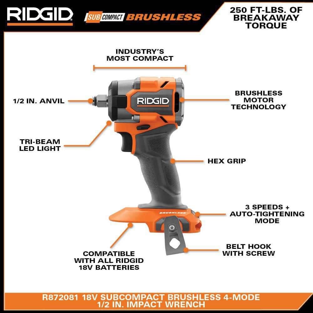 RIDGID 18V SubCompact Brushless Cordless 1/2 in. Impact Wrench with (2) 4.0 Ah Batteries, Charger, and Bag R872081B-AC93044SBN