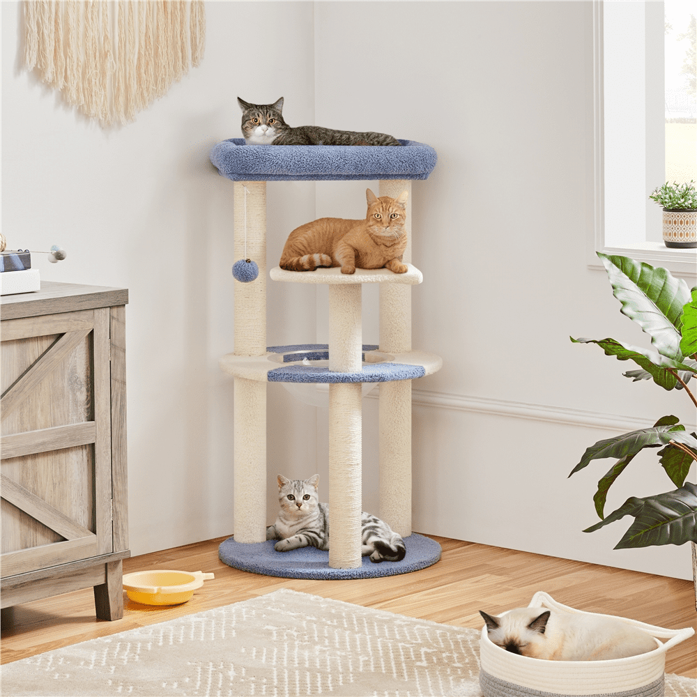 SmileMart 35.5″H Ocean Cat Tree with Padded Perch Natural Sisal for Kittens， Blue/Beige