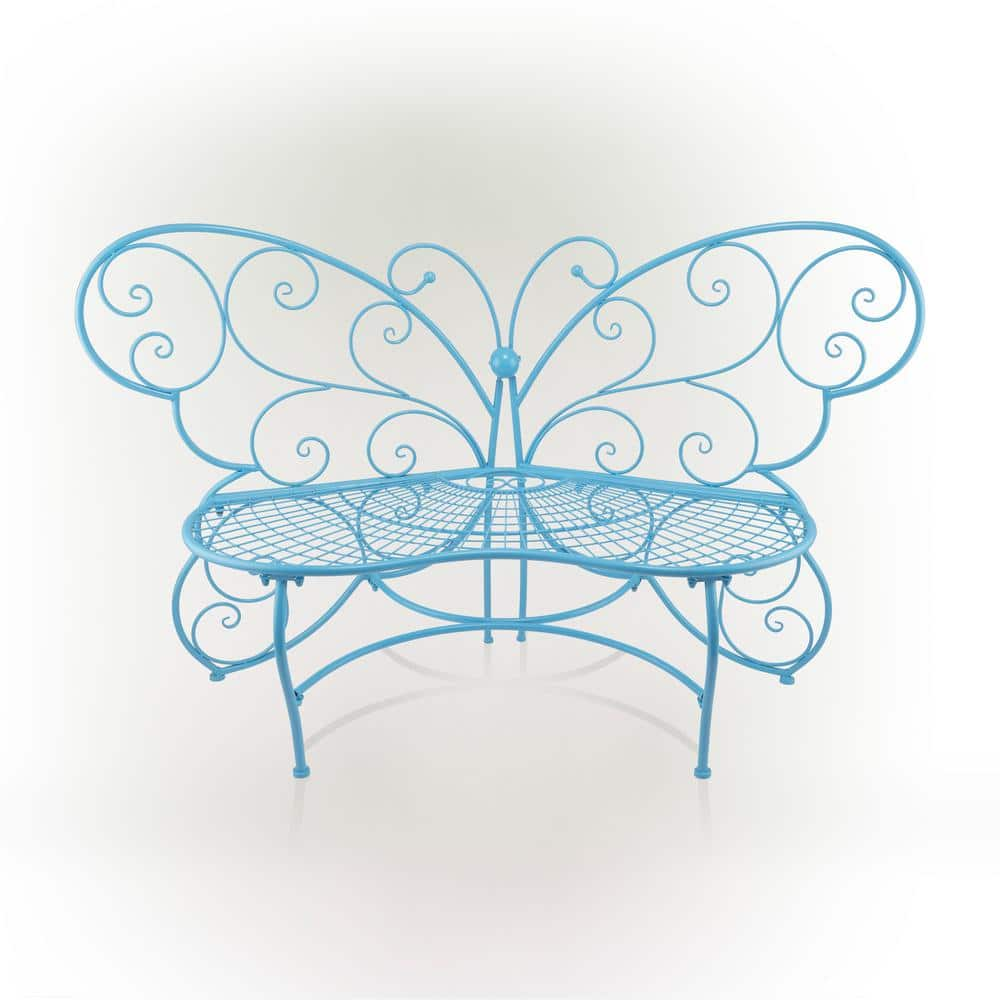 Alpine Corporation 62 in. L Indoor/Outdoor 2-Person Metal Butterfly Shaped Garden Bench, Blue BAZ400BL